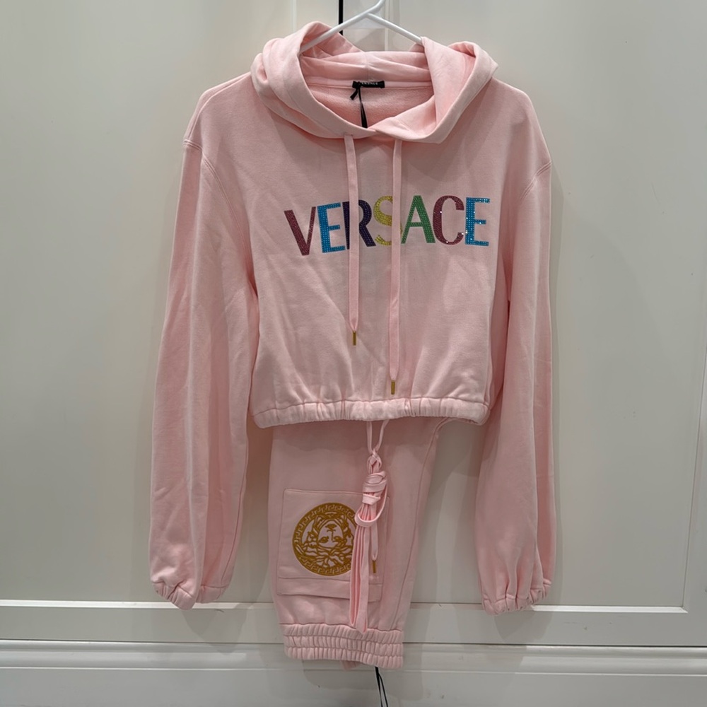 Versace, pink sweatsuit, set hoodie and pants